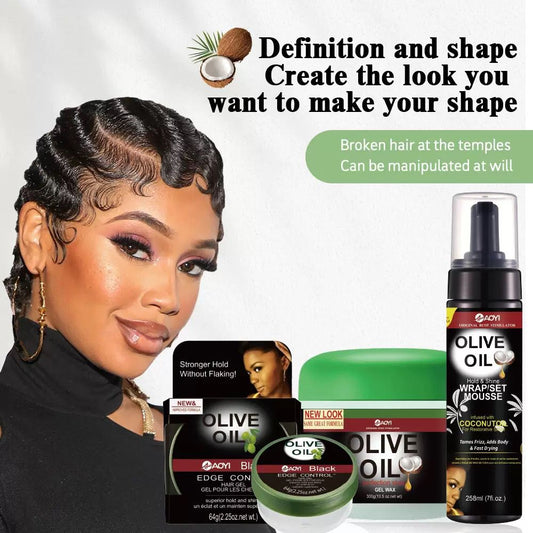 Natural Olive Oil Hair Styling Set inclusive of Hair Edge Modification Gel, Fluffy Curling Oil and Spray, Gel Wax